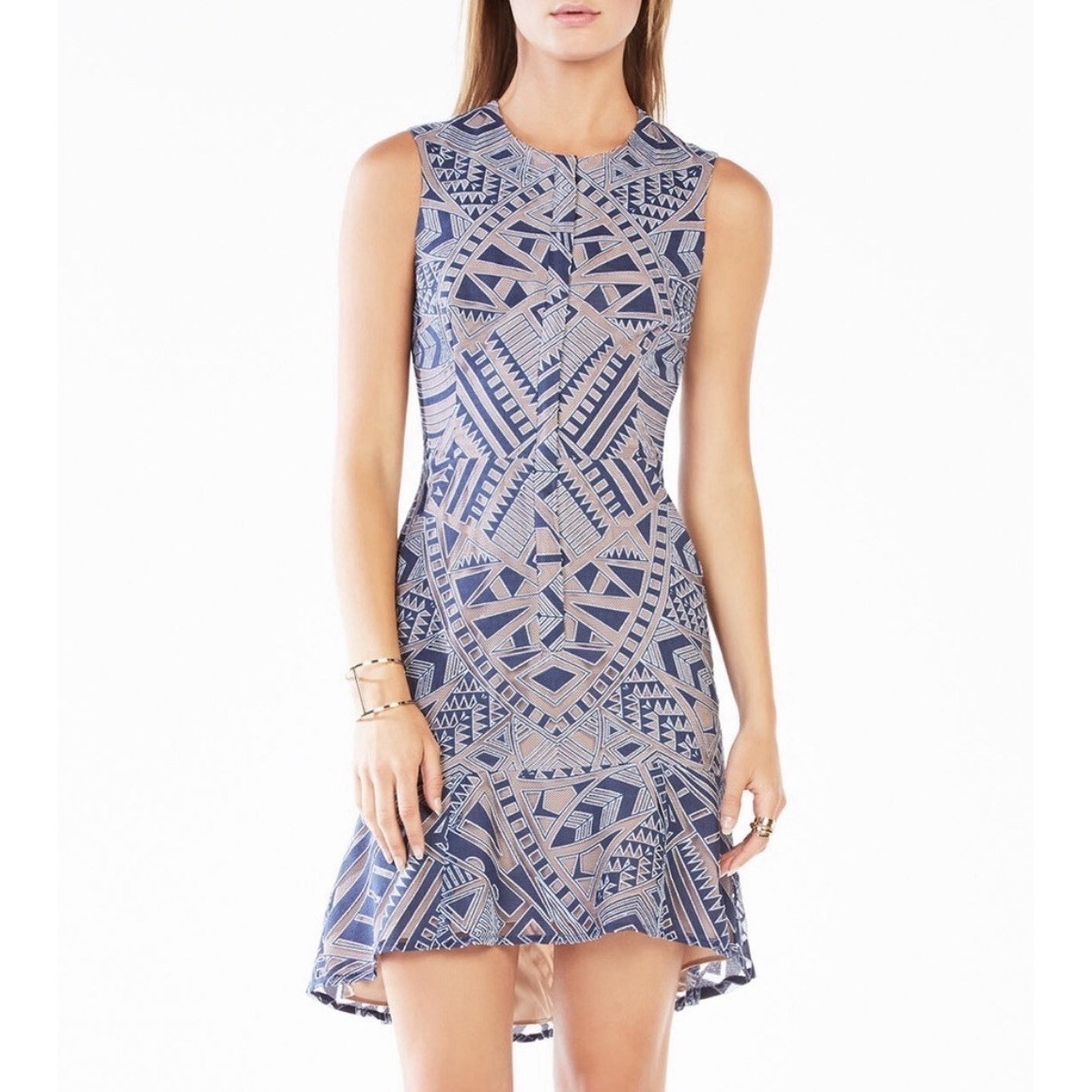 Bcbg Maxazria Women's Blue Sleeveless Chrystal Aztec Dress Zip Front Size 2 $338